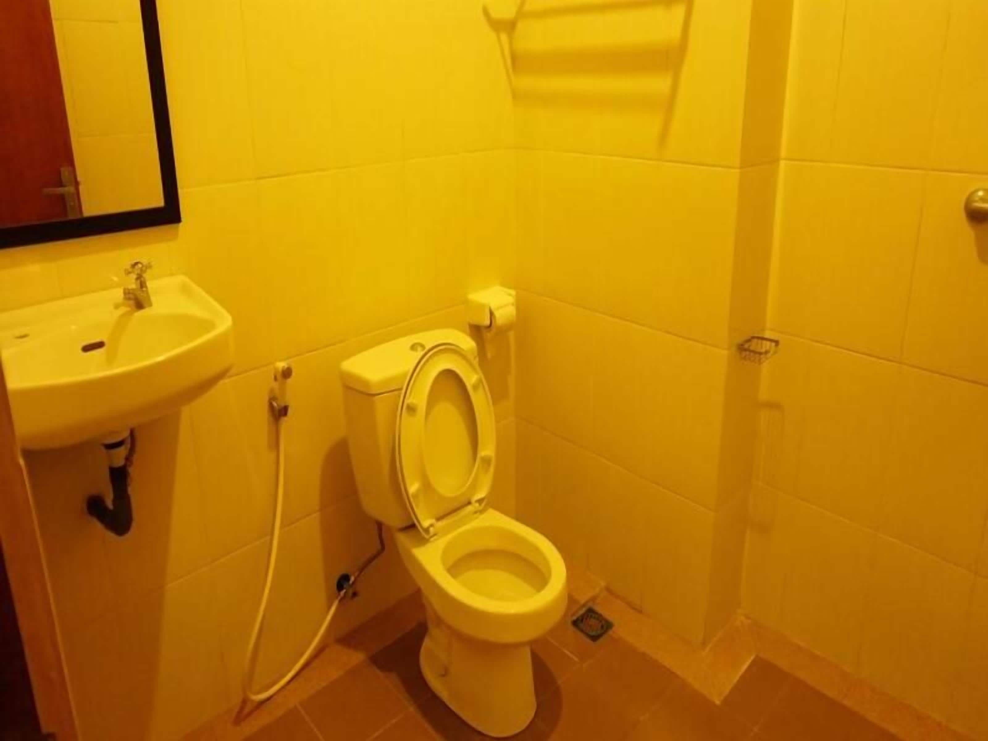 A bathroom with a toilet, sink, and a mirror.