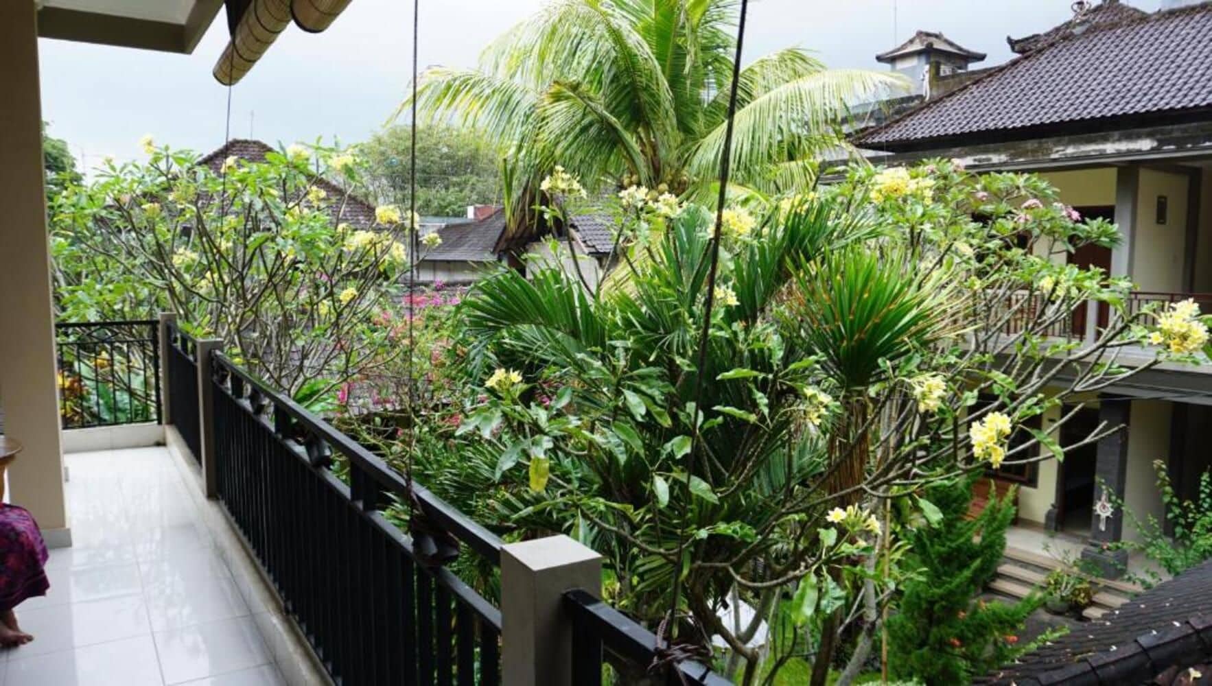 A balcony with a railing, surrounded by lush greenery and flowering plants.