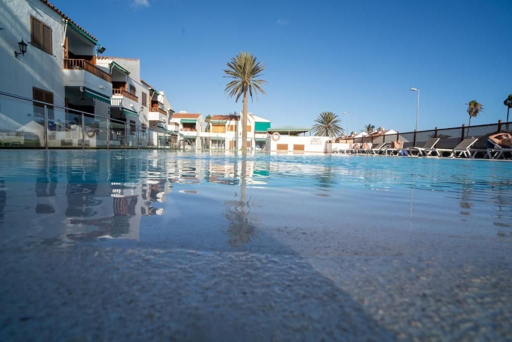 Una piscina con sillas de descanso y palmeras, rodeada de edificios de varios pisos.