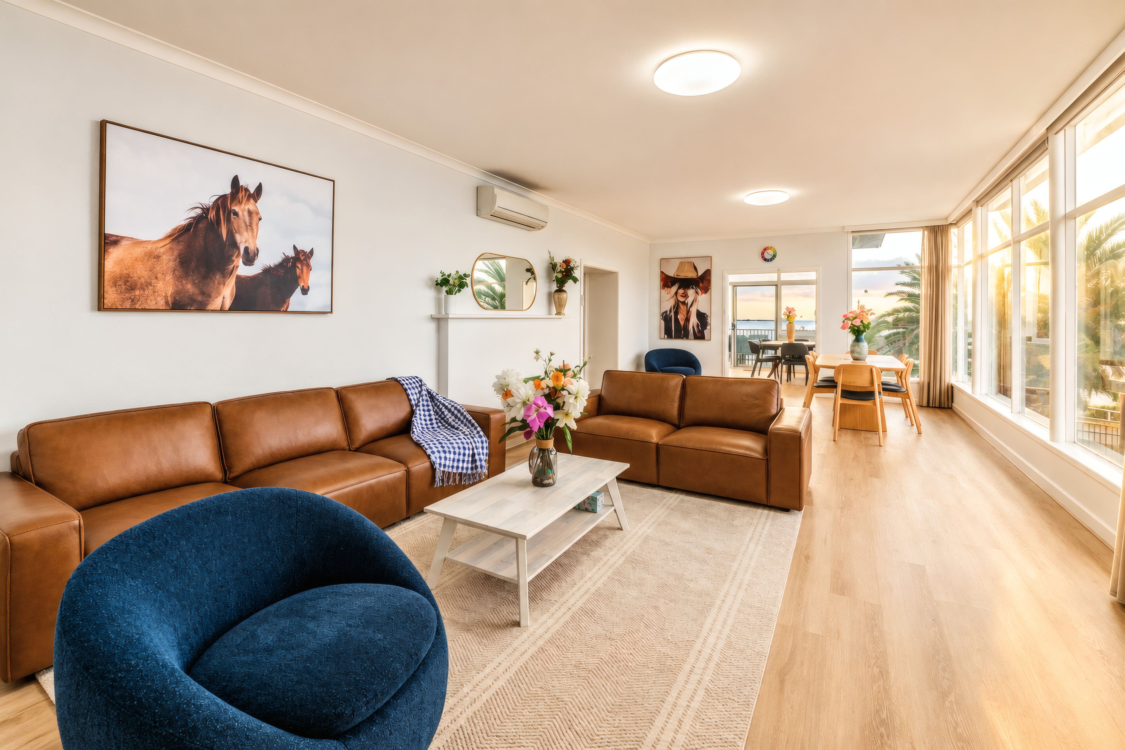 A spacious living room with a brown leather sofa, a blue armchair, and a coffee table. There is a painting of horses on the wall, a mirror, and a view of the ocean through large windows.
