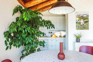 A modern kitchen with white cabinets, a dining table with a red vase, and a large green plant. - La Cabane Verte – Sunny family apartment near St. Moritz & Ski Slopes (Celerina/Schlarigna)