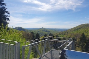 A metal observation platform with a metal railing overlooking a forested valley. - Holiday home with 1 bedroom (Elmstein \/ Iggelbach)