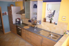 A kitchen with a stove, sink, cabinets, and a window with flowers. - Holiday apartment with 0 bedrooms (Herxheim)
