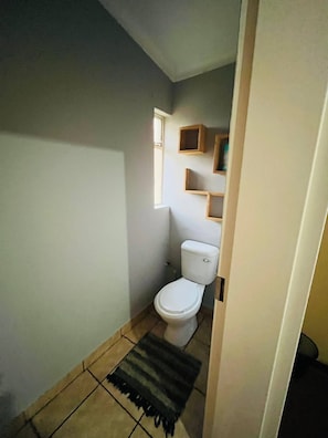 Een kleine, smalle badkamer met toilet, een raam en een plankje met een spiegel.