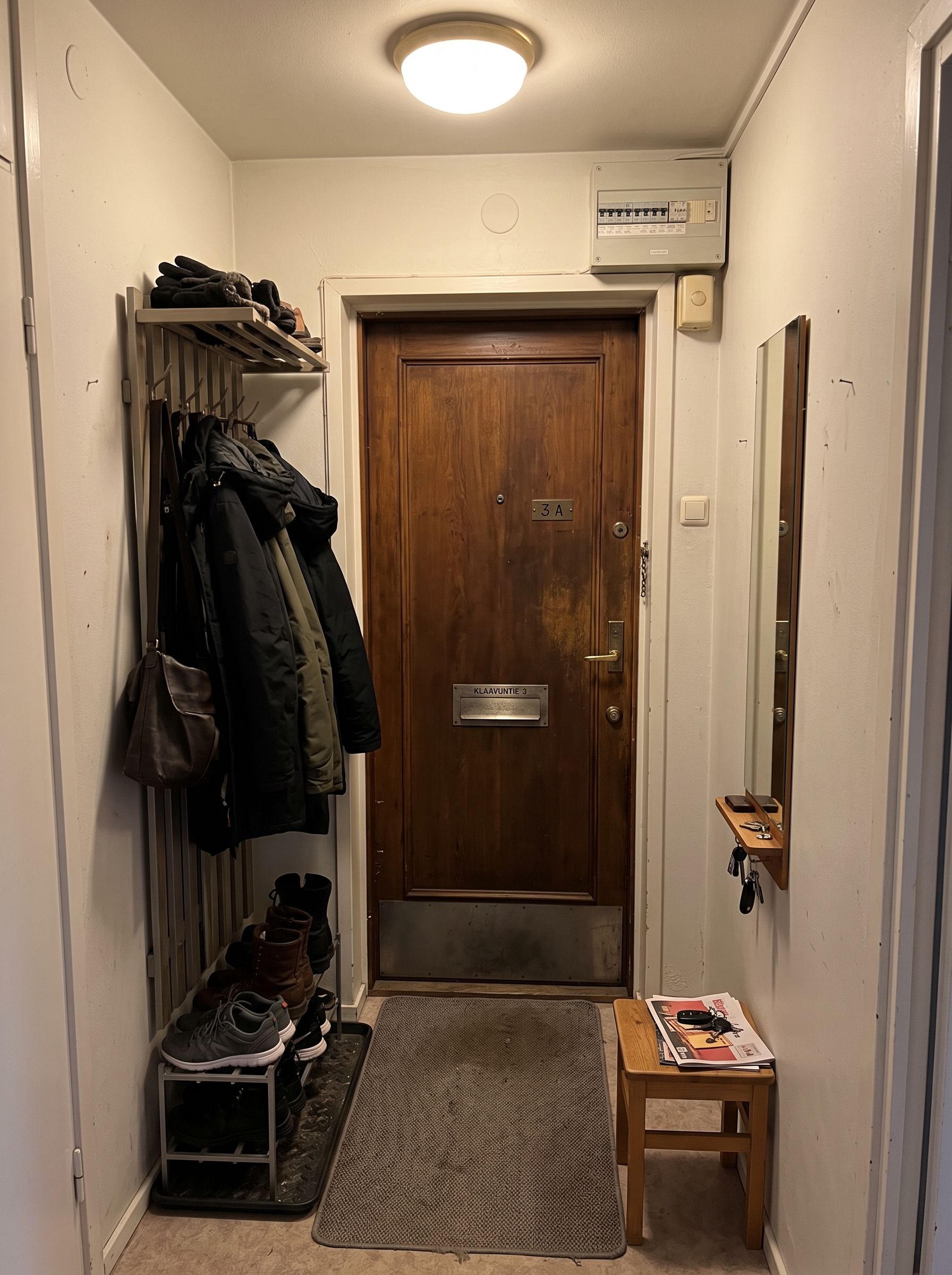 Un pasillo con perchero, una puerta con la etiqueta '3A', una pequeña mesa con llaves y un felpudo en el suelo.