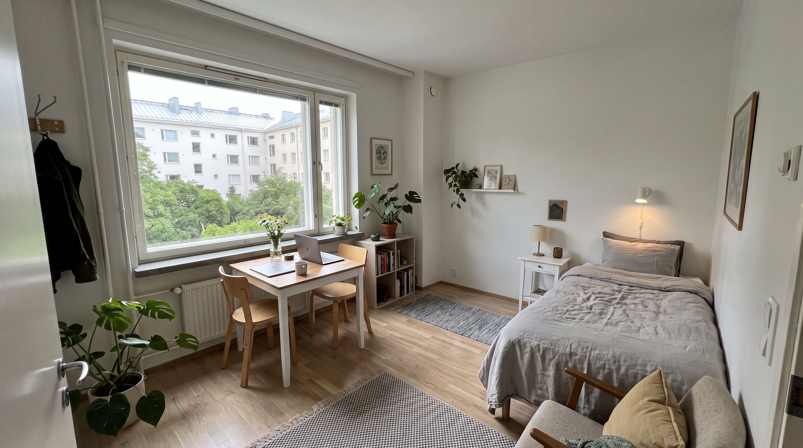 A bedroom with a bed, a desk with a laptop, a chair, a small bedside table with a lamp, and a window with a view of buildings and trees.