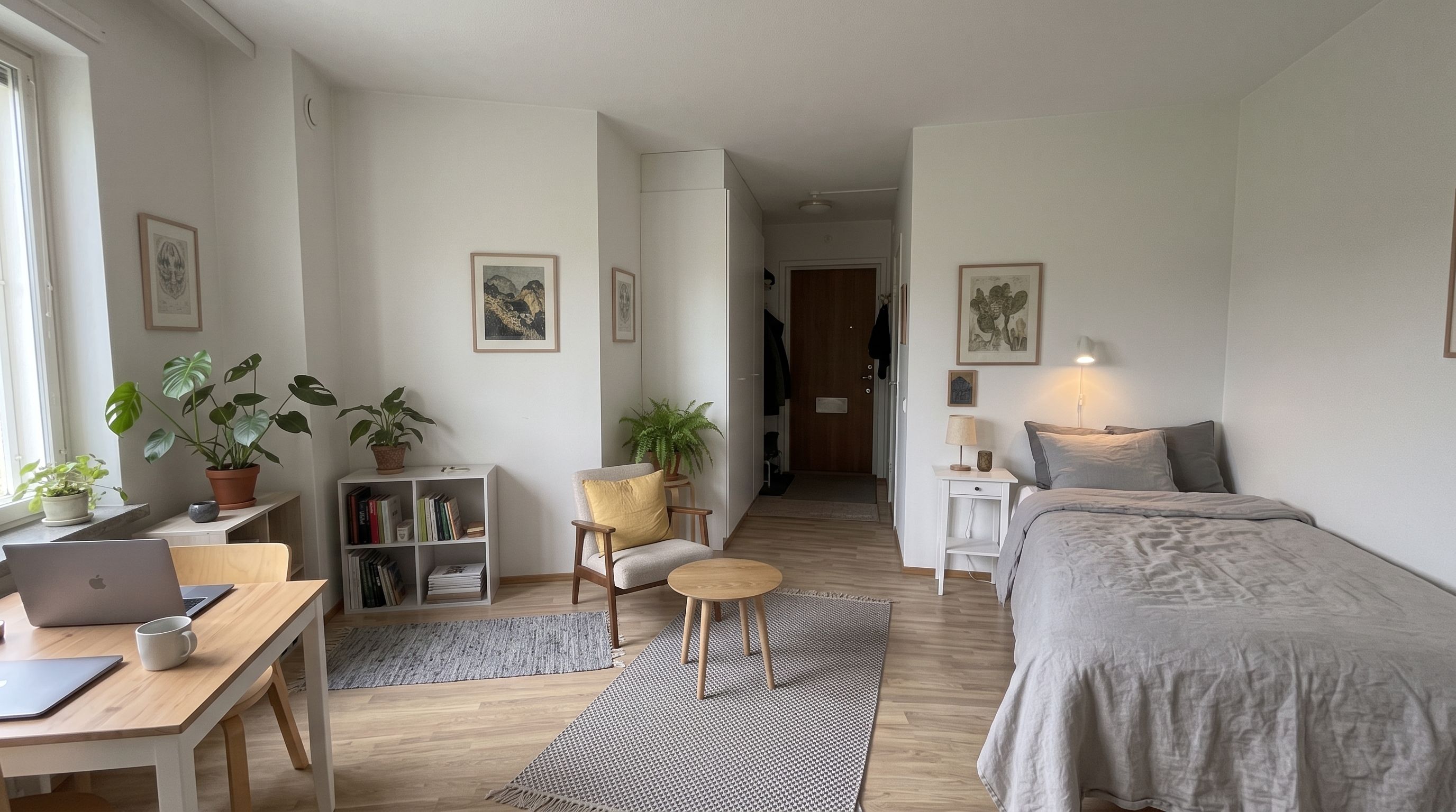 Un dormitorio moderno con cama, mesita de noche, lámpara y un escritorio con ordenador portátil y taza.