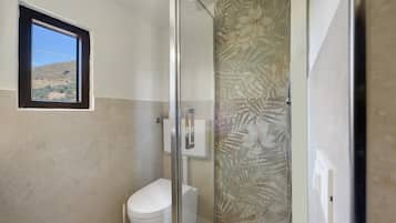 A small bathroom with a toilet, a shower with a glass door, and a window with a view of a desert landscape.