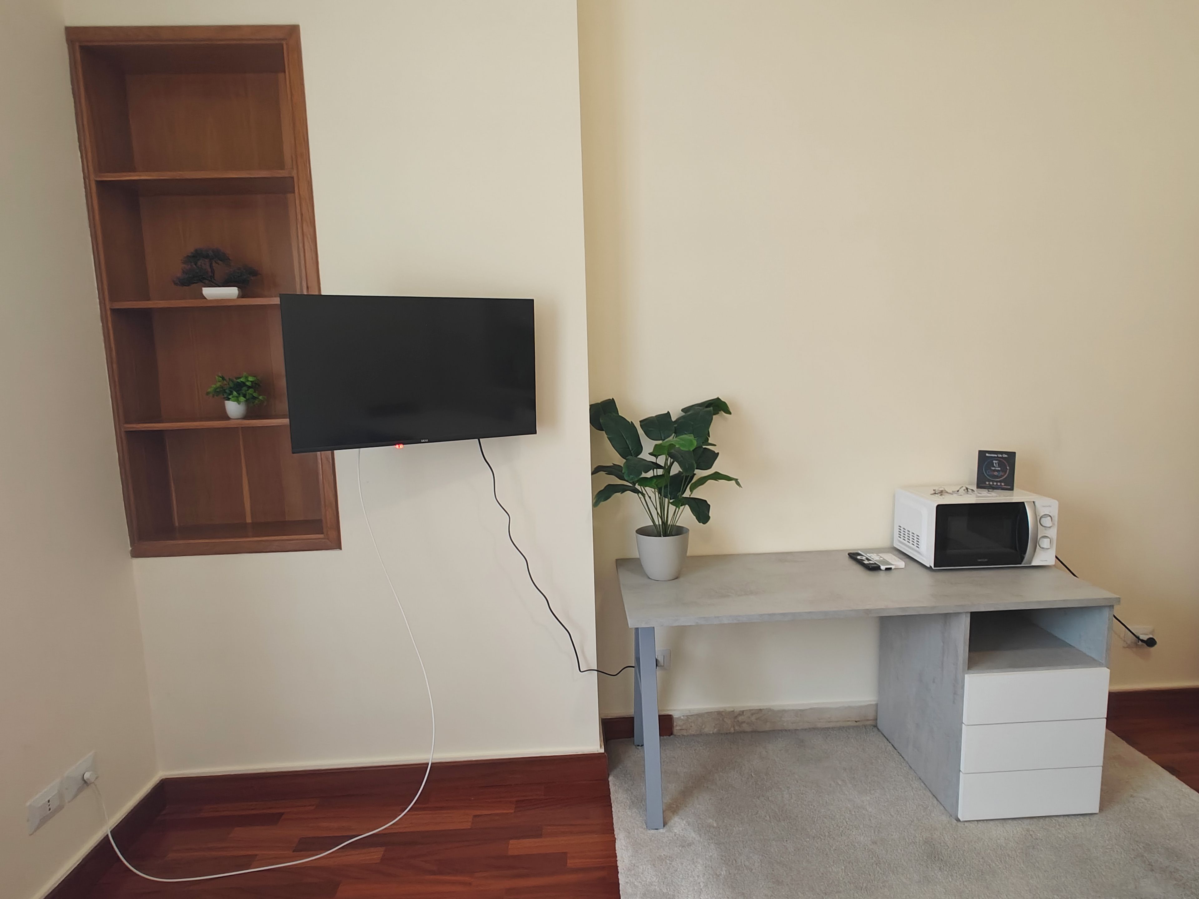 Ein Zimmer mit einem an einer Holzablage montierten Flachbildfernseher, einem weißen Schreibtisch mit einer Topfpflanze und einer Mikrowelle auf dem Schreibtisch.