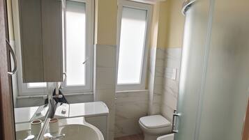 Baño con lavamanos, espejo, inodoro y ducha.