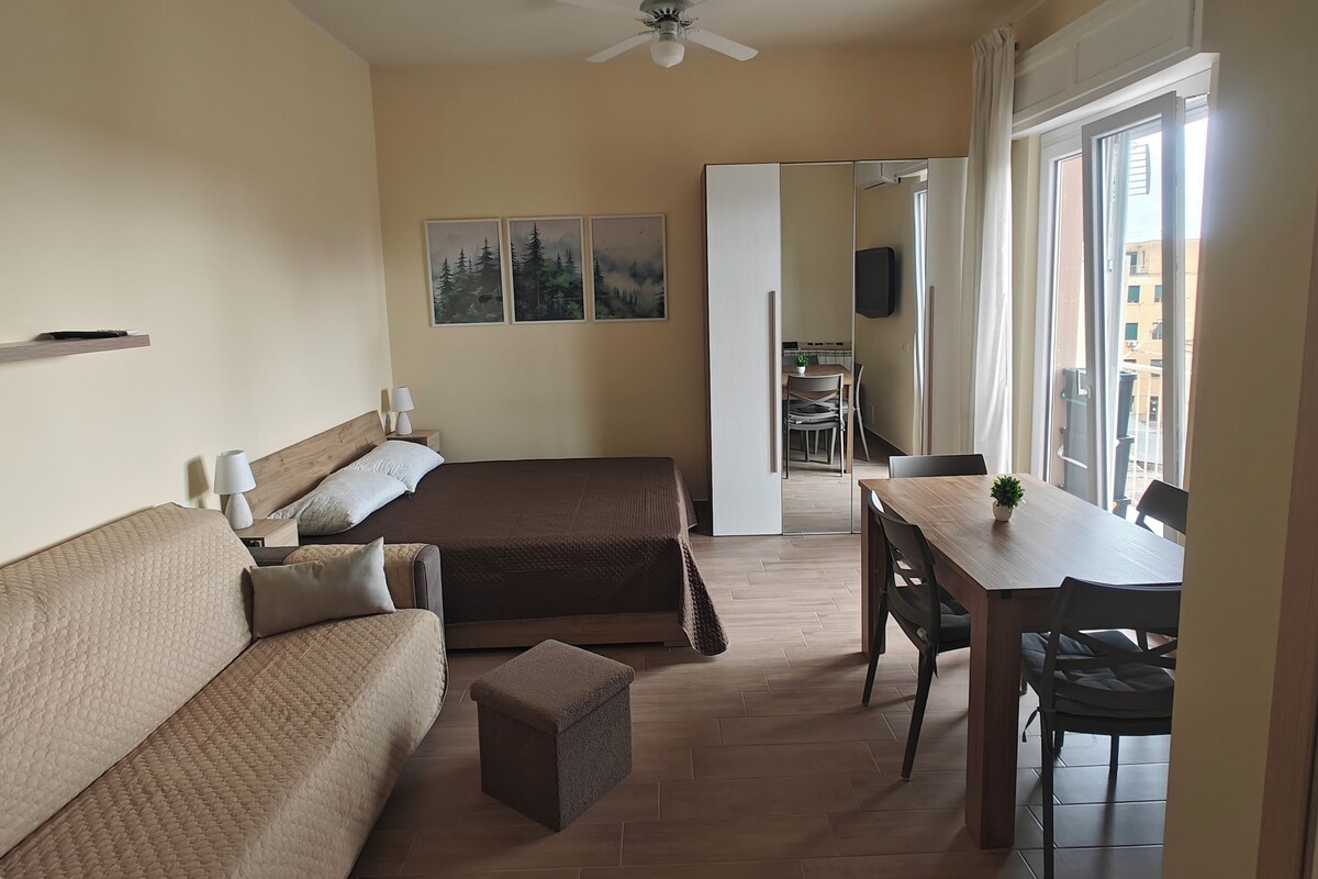 Ein Schlafzimmer mit Bett, Sofa, Schreibtisch und Stuhl. Es gibt einen Deckenventilator, ein Fenster und eine Tür zum Badezimmer.