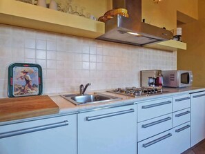 A kitchen with a sink, stove, microwave, and a framed picture on the counter. - Lucca apartment with private furnished terrace (Lucca)