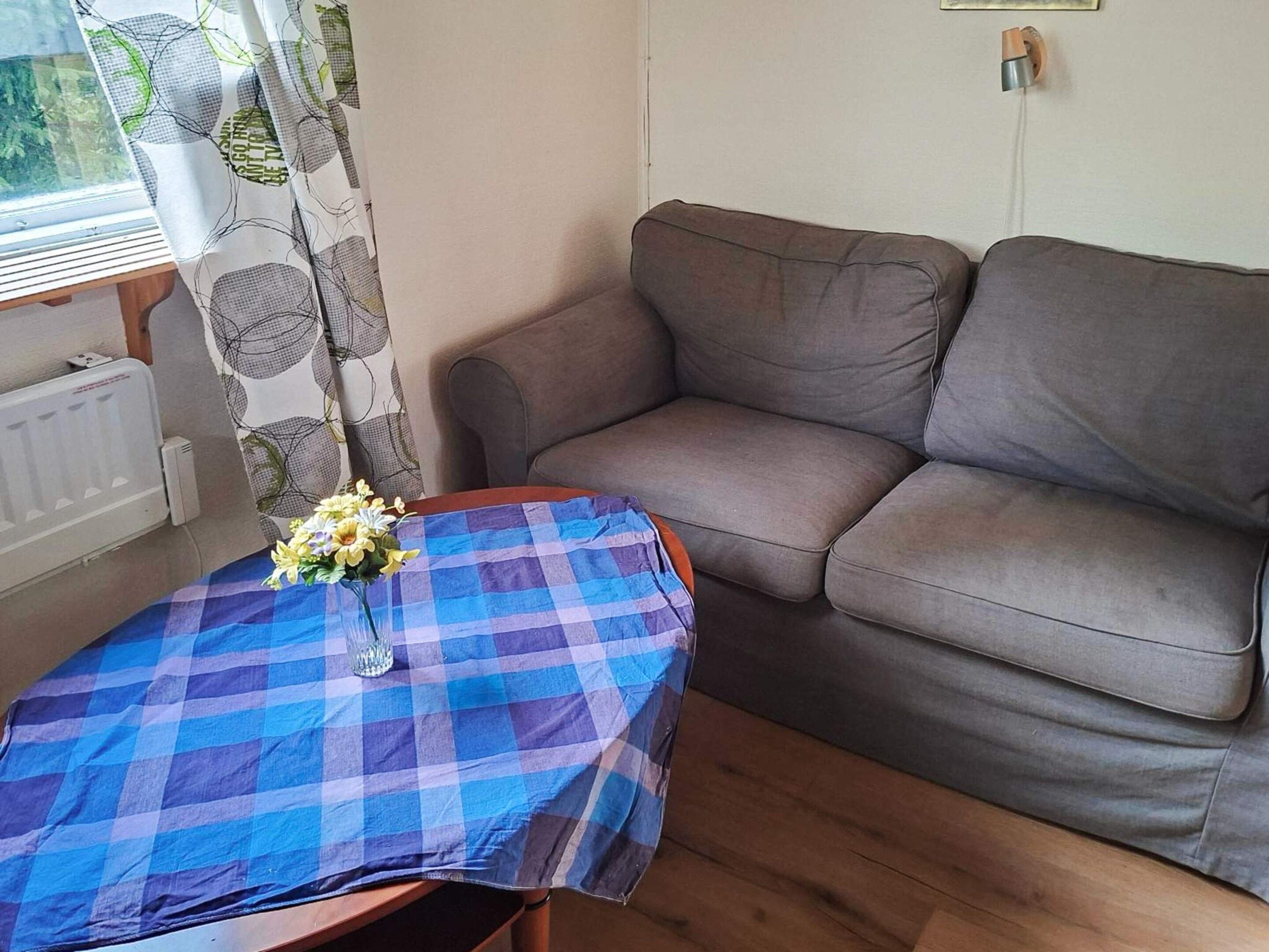 A living room with a brown sofa, a table with a blue checkered tablecloth, and a window with a curtain.