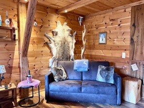 A cozy cabin interior with a blue sofa, a large fur rug, and wooden walls. - Vacation rental with a terrace, living room/bedroom, 32 m² (Inzell)