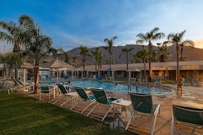 A pool area with lounge chairs, umbrellas, and palm trees. - 3X3BR Desert Escape Near Coachella & amenities (Palm Springs)