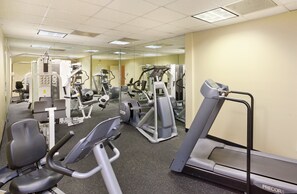 Un gimnasio con diversos equipos de ejercicio, incluyendo cintas de correr, elípticas y máquinas de pesas.