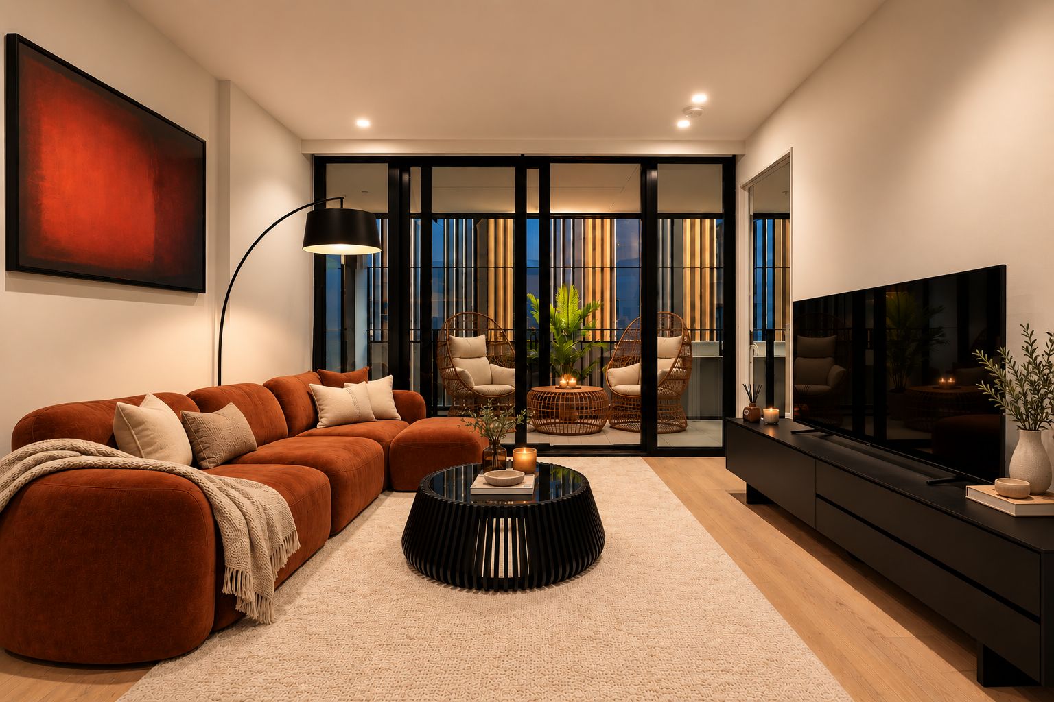 A modern living room with a sectional sofa, a round coffee table, a television, and a large window with a view.