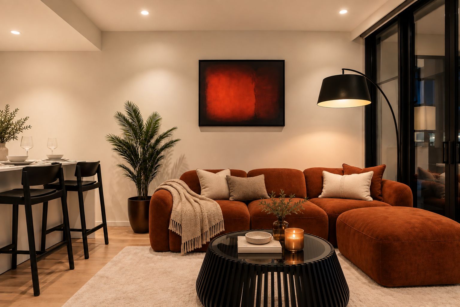 A modern living room with a sectional sofa, a coffee table, and a dining area with chairs and a table set for two.