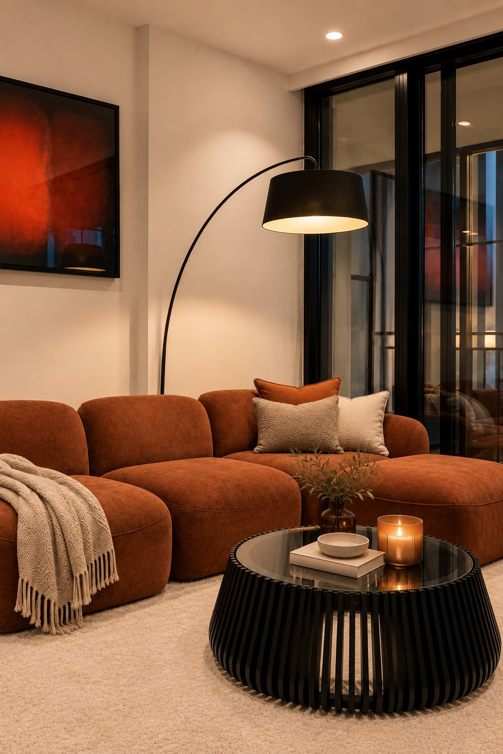 A modern living room with a sofa, a round coffee table, a floor lamp, and a painting on the wall.