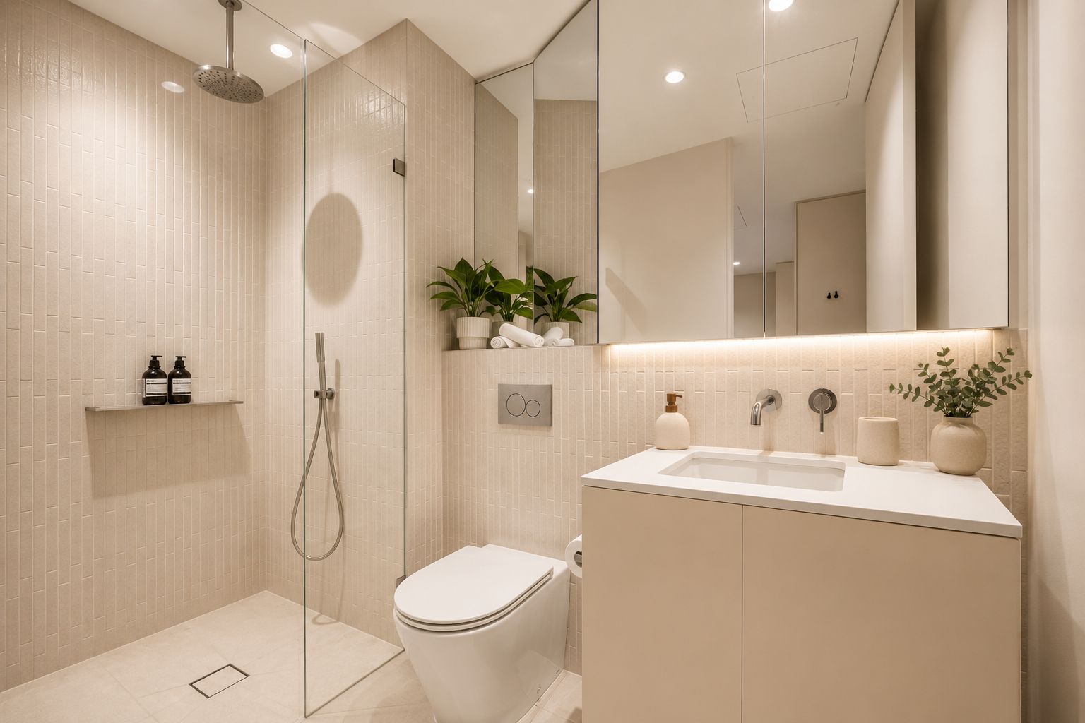 A modern bathroom with a shower, toilet, and sink area.