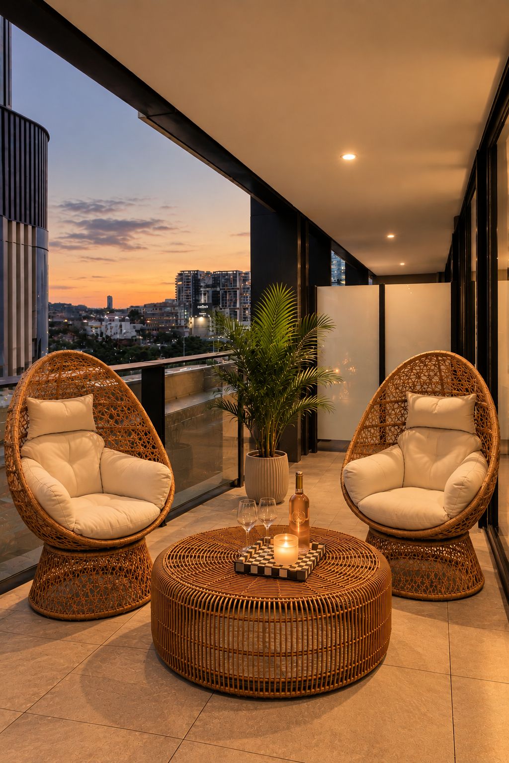 A balcony with two wicker chairs, a round table, a potted plant, and a bottle of wine.