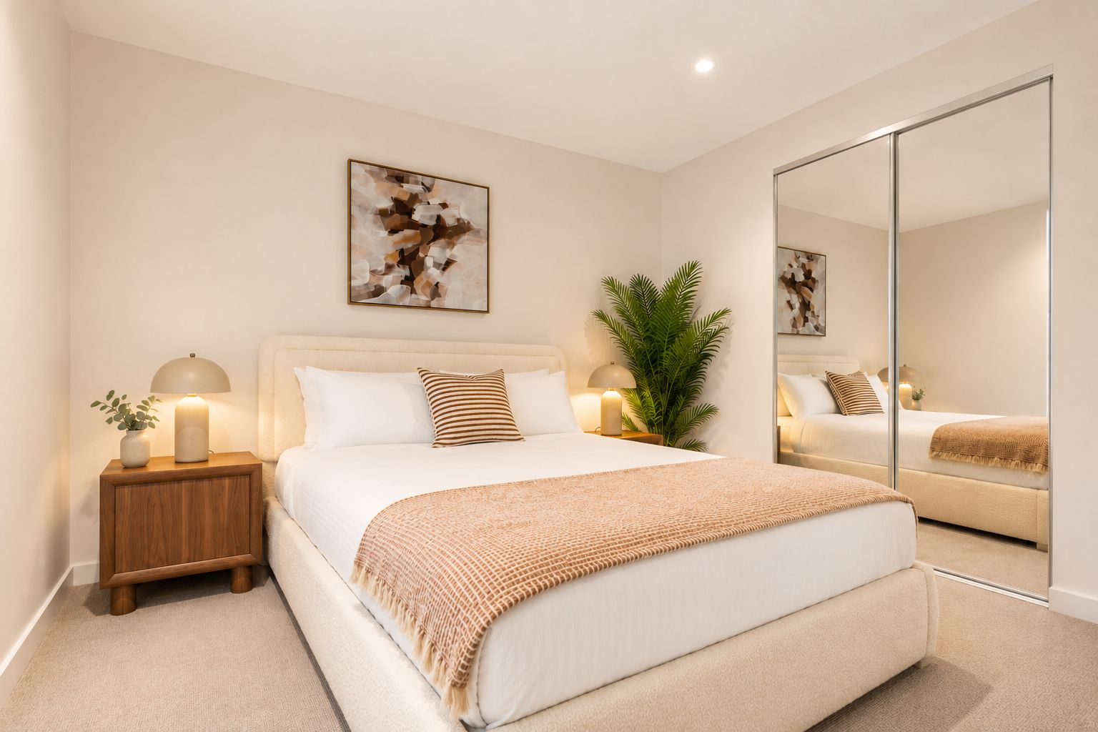 A bedroom with a bed, bedside tables, a mirror, and a plant.