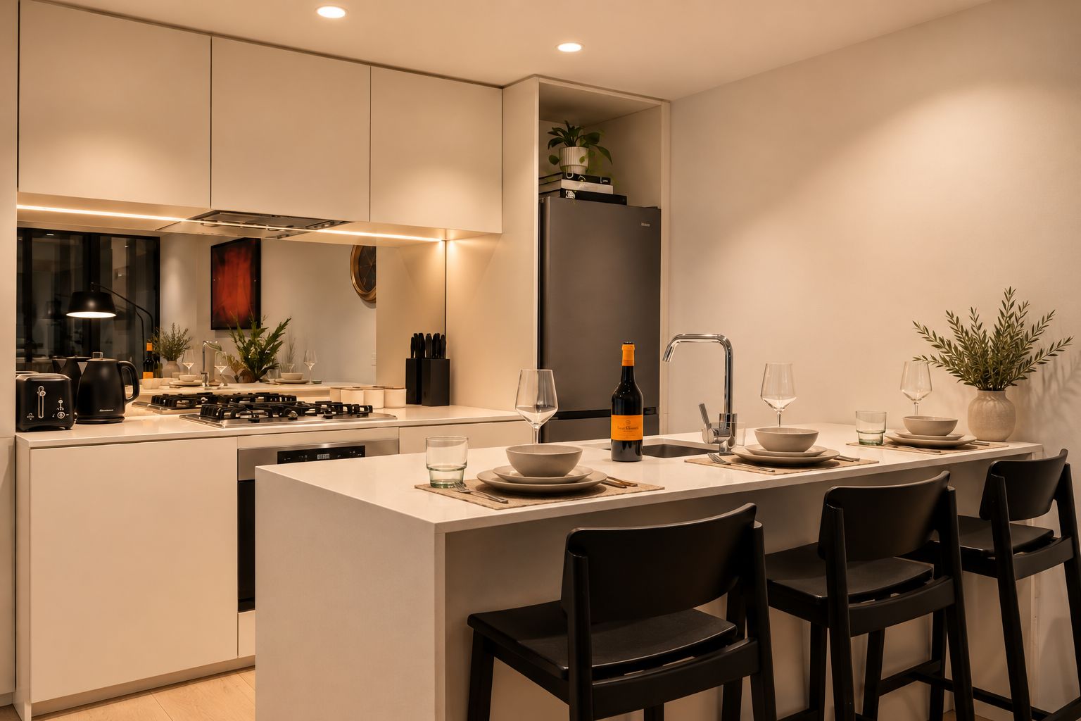 A modern kitchen with a central island, a built-in oven, and a refrigerator.