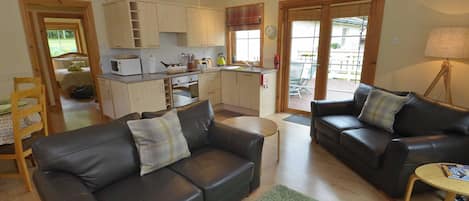 Un espace de vie compact comprenant un coin cuisine, deux canapés en cuir, une petite table et un tapis vert.