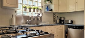 Una cocina con estufa a gas, un fregadero, un escurreplatos y una cafetera.