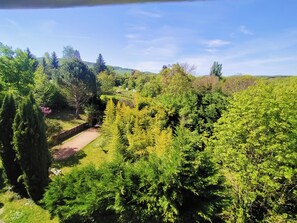 A lush garden with a variety of trees and shrubs, a clear sky, and a stone pathway. - Vrbo Property (Saint-Amant-Tallende)