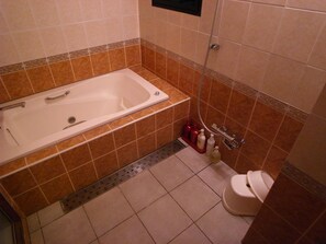 A bathroom with a bathtub, toilet, and shower.