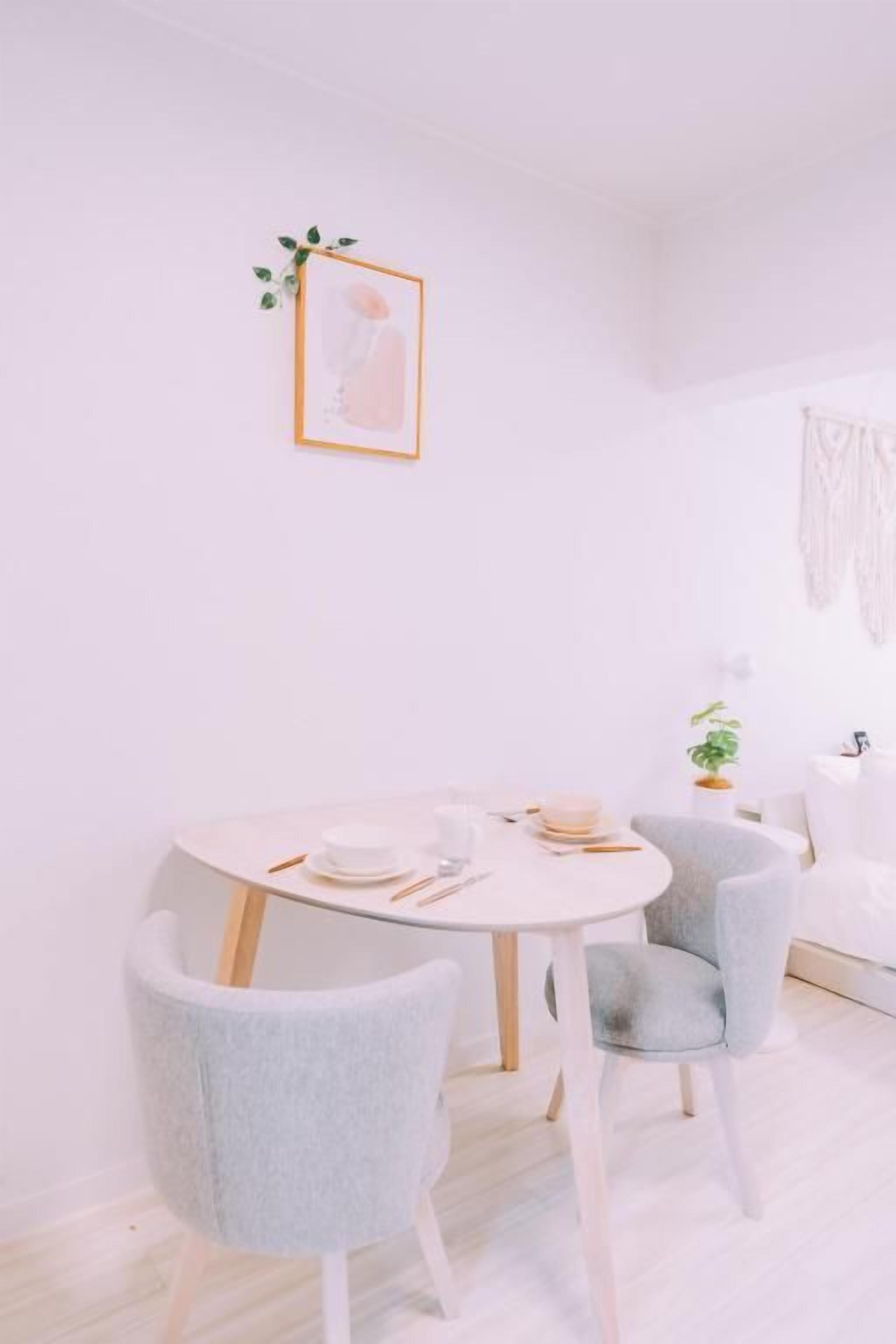 A minimalist dining area with a round table, two chairs, and a small potted plant.