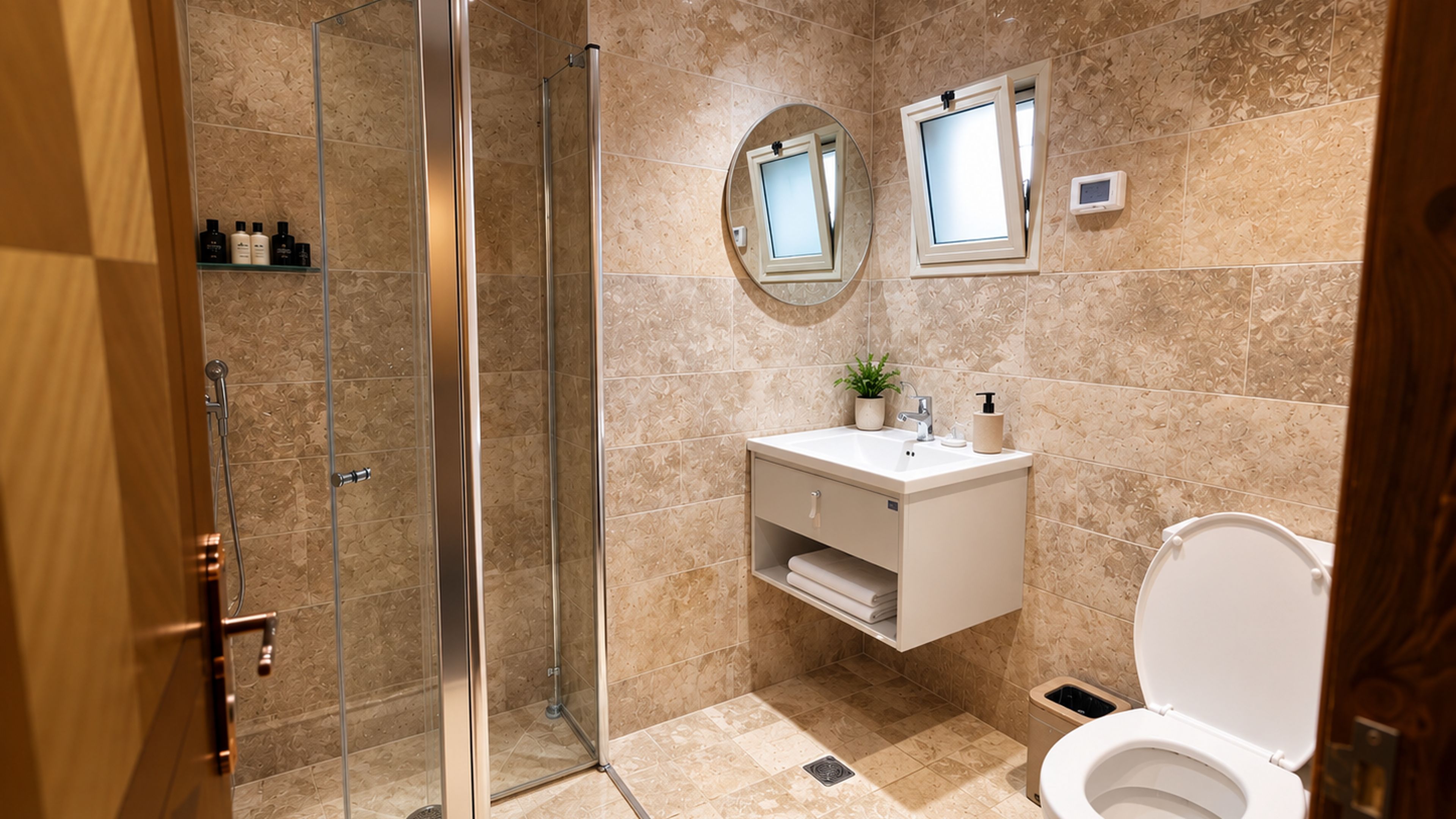 A modern bathroom with a glass shower enclosure, a white sink with a mirror above, and a toilet.
