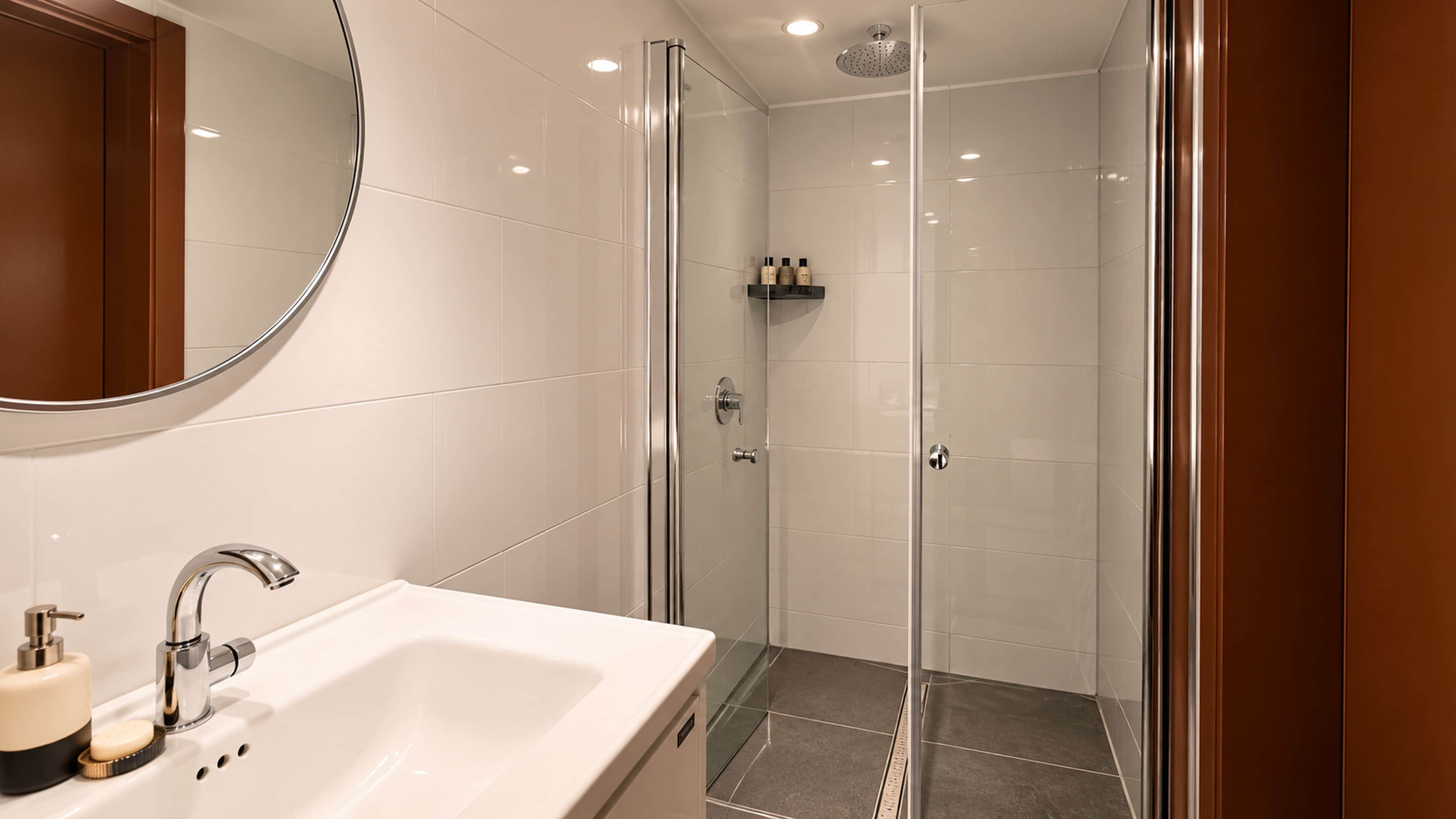 Un baño moderno con ducha de vidrio, un lavabo con espejo y repisas con artículos de aseo.