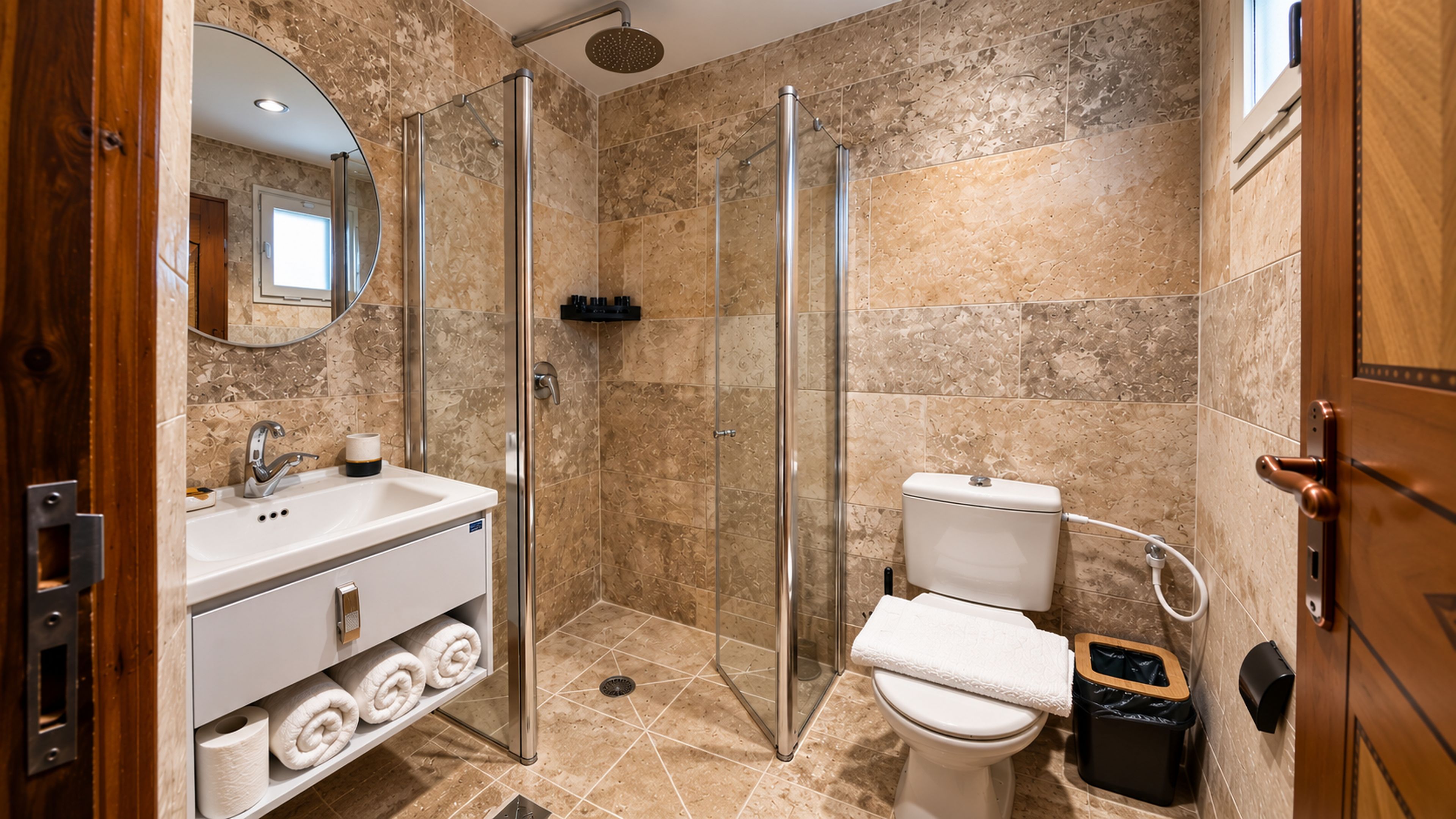 A modern bathroom with a glass-enclosed shower, a toilet, and a sink with a mirror.