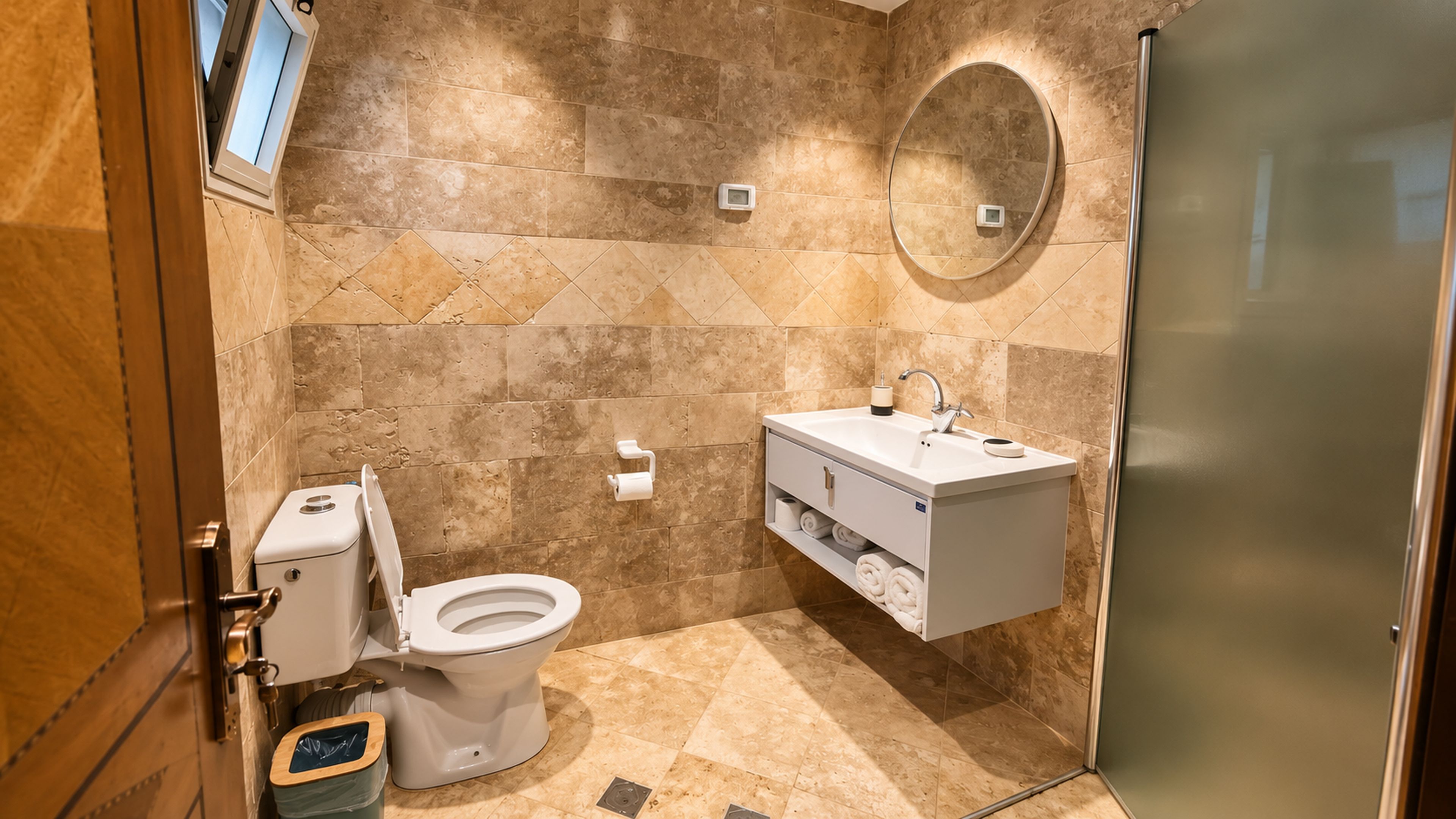 Ein Badezimmer mit Toilette, Waschbecken und Spiegel.