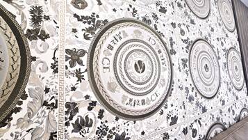 Un plafond richement décoré, orné de motifs complexes et de dessins circulaires.