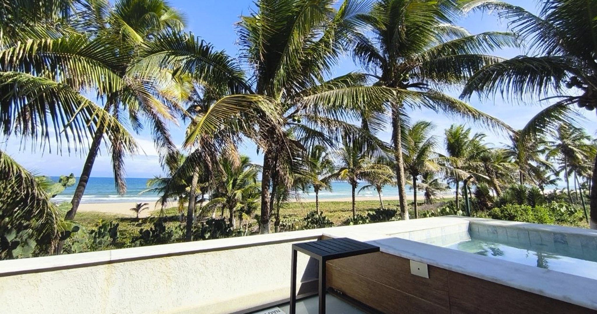 Vista a la piscina con un océano y playa claros al fondo, rodeado de palmeras.