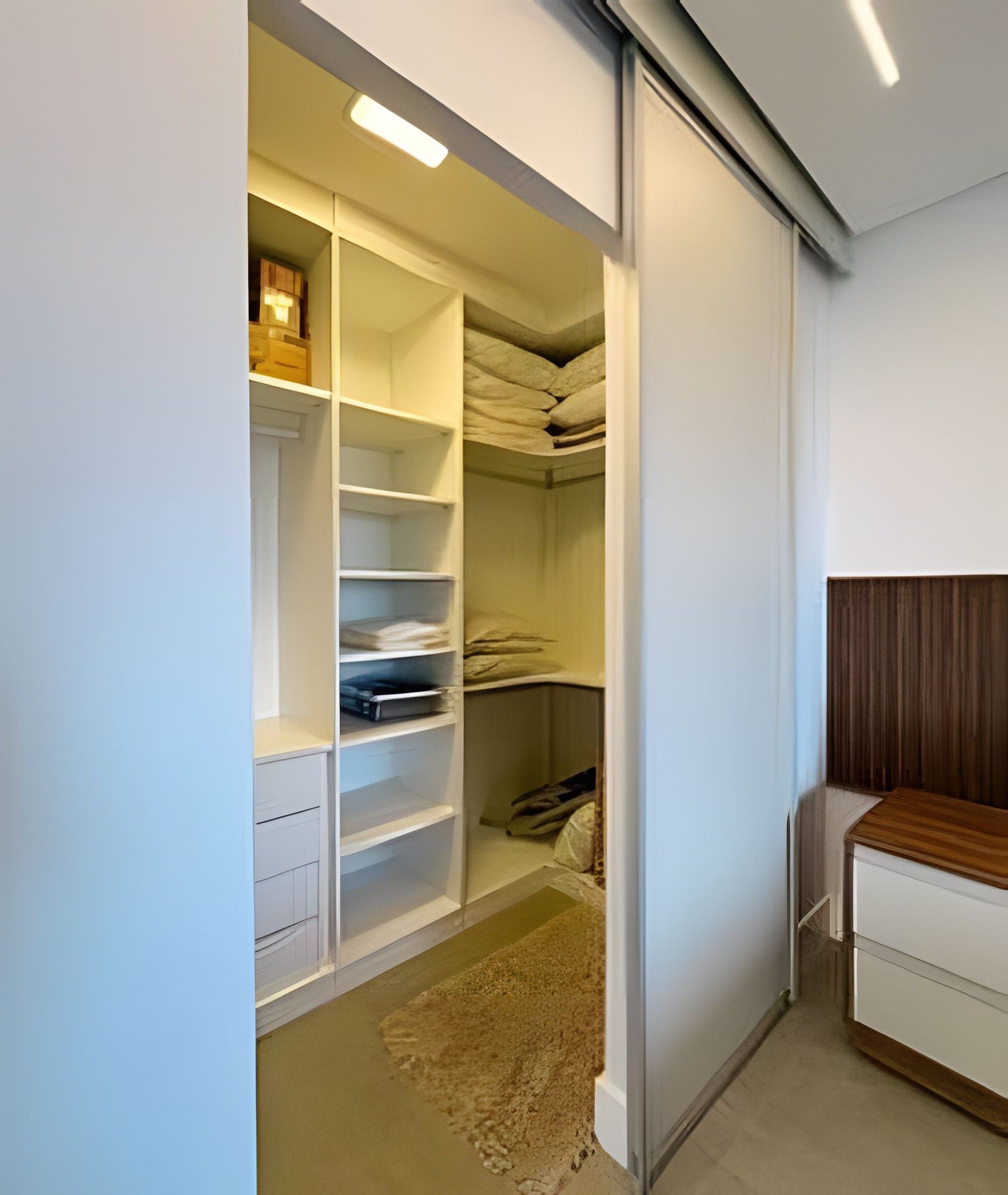 Een inloopkast met meerdere planken en lades, een bed met een houten hoofdbord, en een beige vloerkleed.