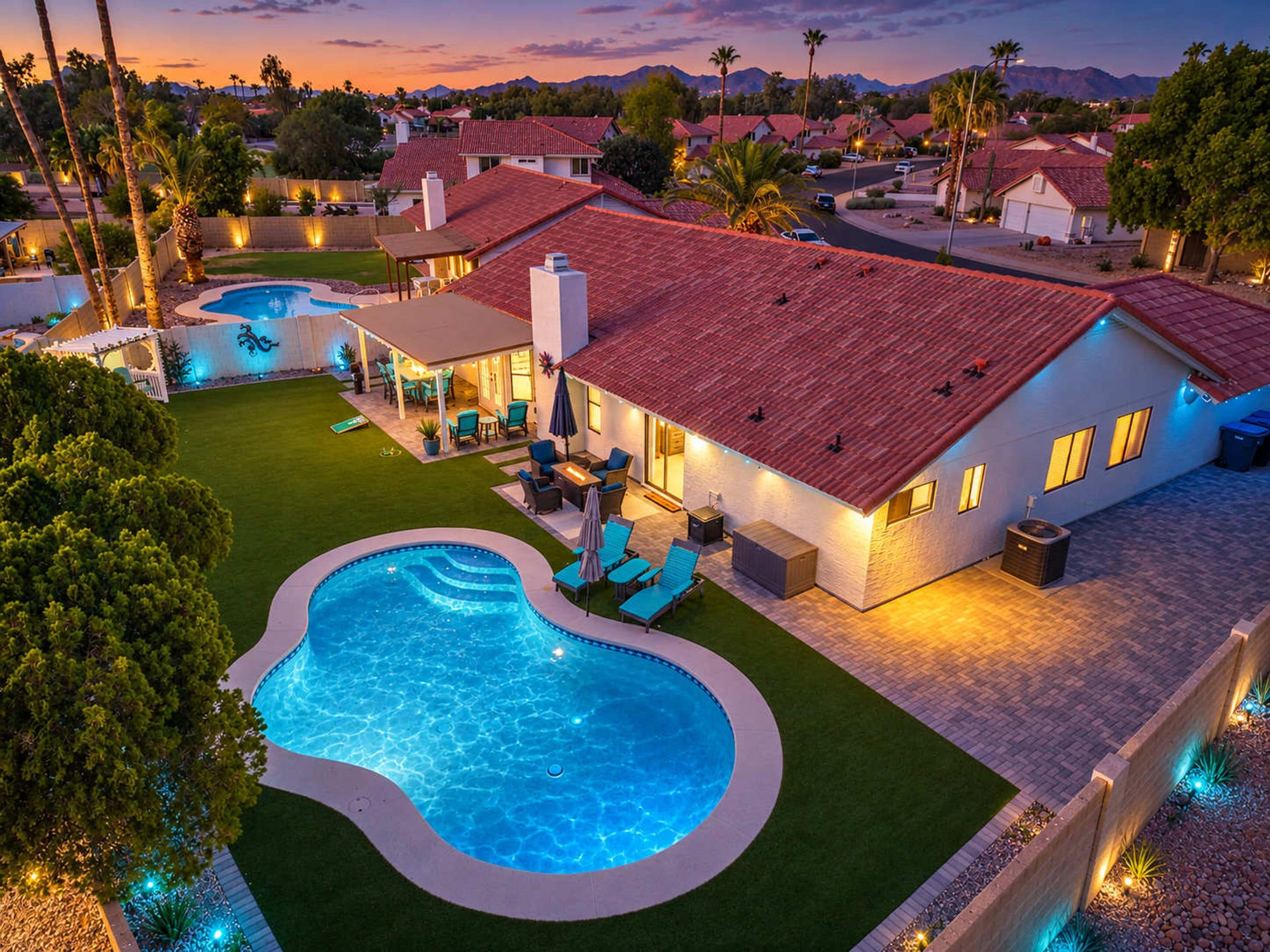 A residential property with a swimming pool, patio furniture, and a well-lit backyard.