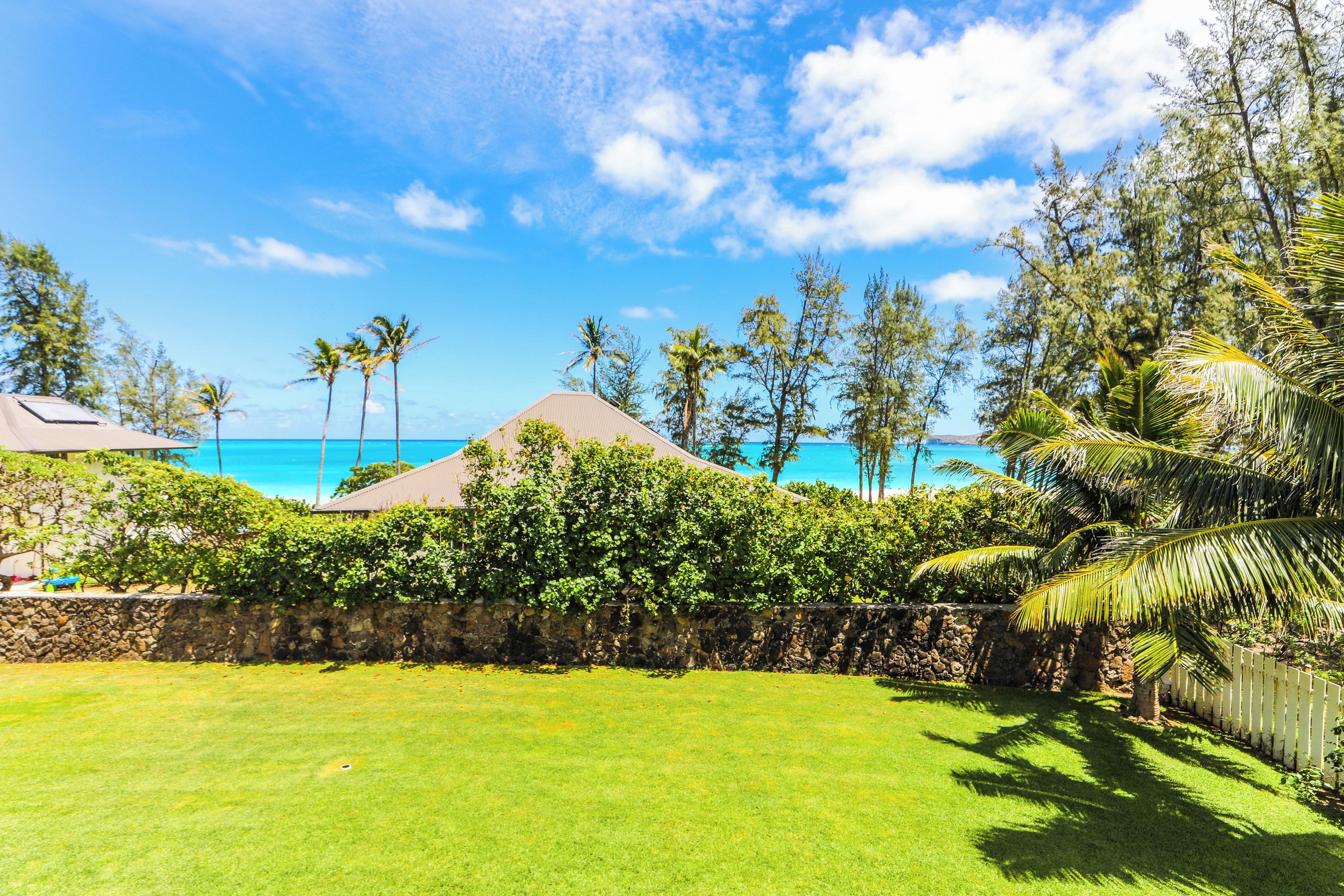 A grassy area with a stone wall, palm trees, and a view of the ocean.