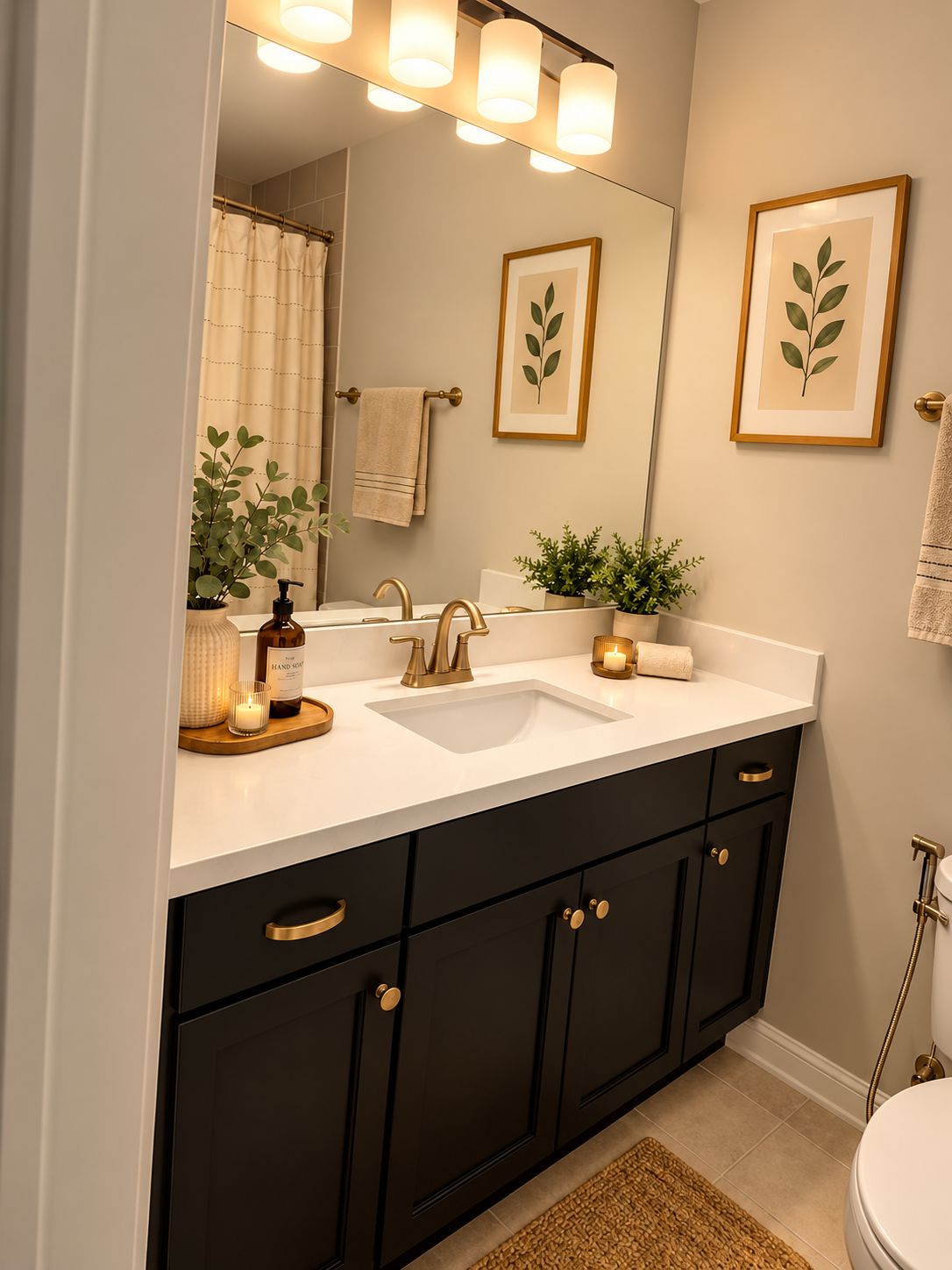 Une salle de bain avec un lavabo blanc, des meubles noirs, un miroir avec éclairage intégré, un porte-serviettes et une plante décorative dans un cadre.