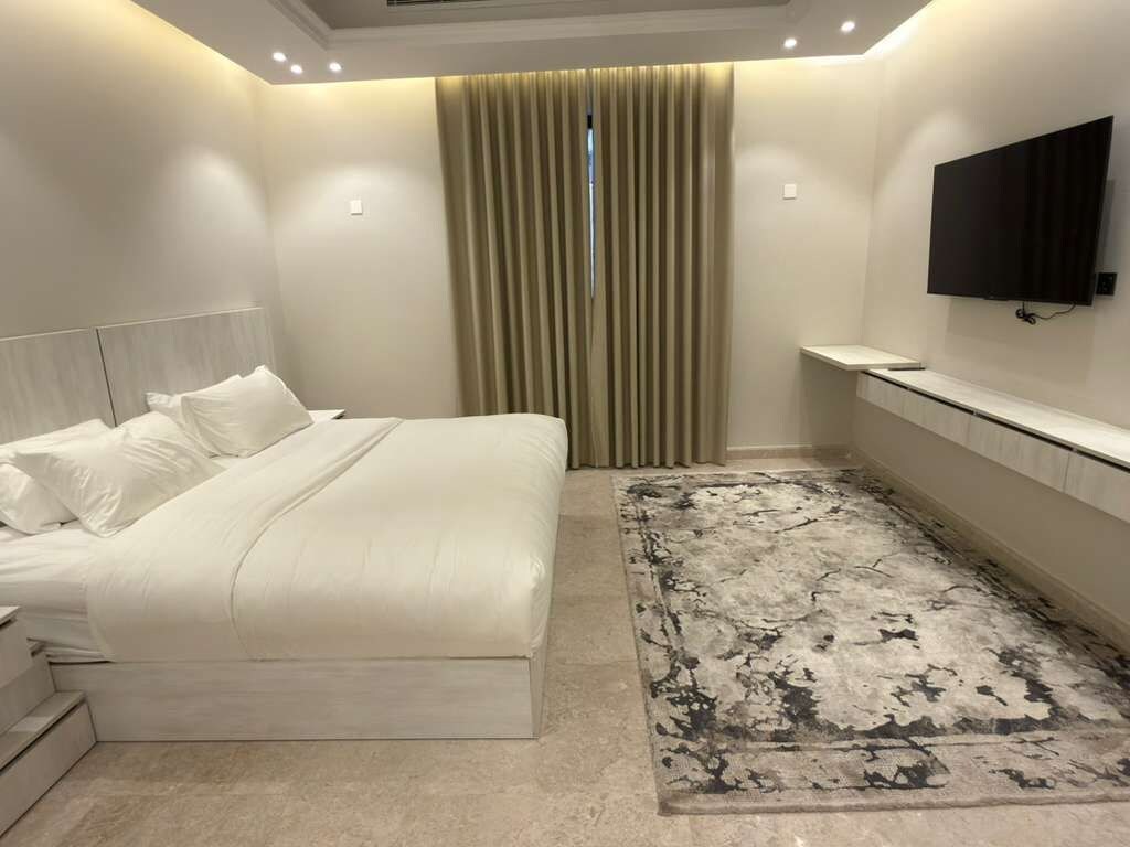 A modern bedroom with a large bed, a flat-screen TV mounted on the wall, and a patterned rug.
