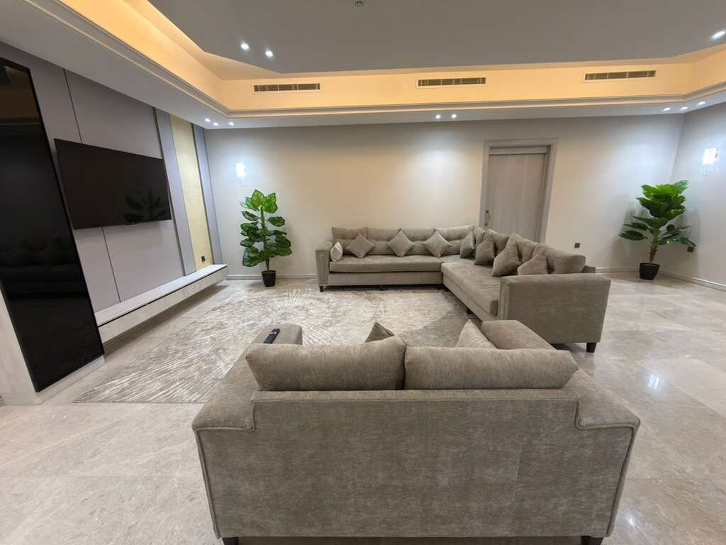 A modern living room with a sectional sofa, a flat-screen TV, and two potted plants.