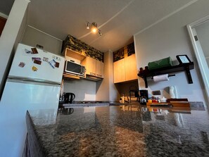 A kitchen with a refrigerator, microwave, and a coffee maker. - COZY, WARM, FLEXIBLE, CENTRAL, 2 bedrooms, 2 bathrooms, 3 living areas + parking (Puerto Varas)