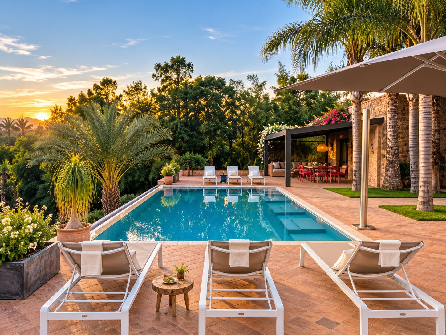 Una piscina con sillones de descanso y una zona de terraza.