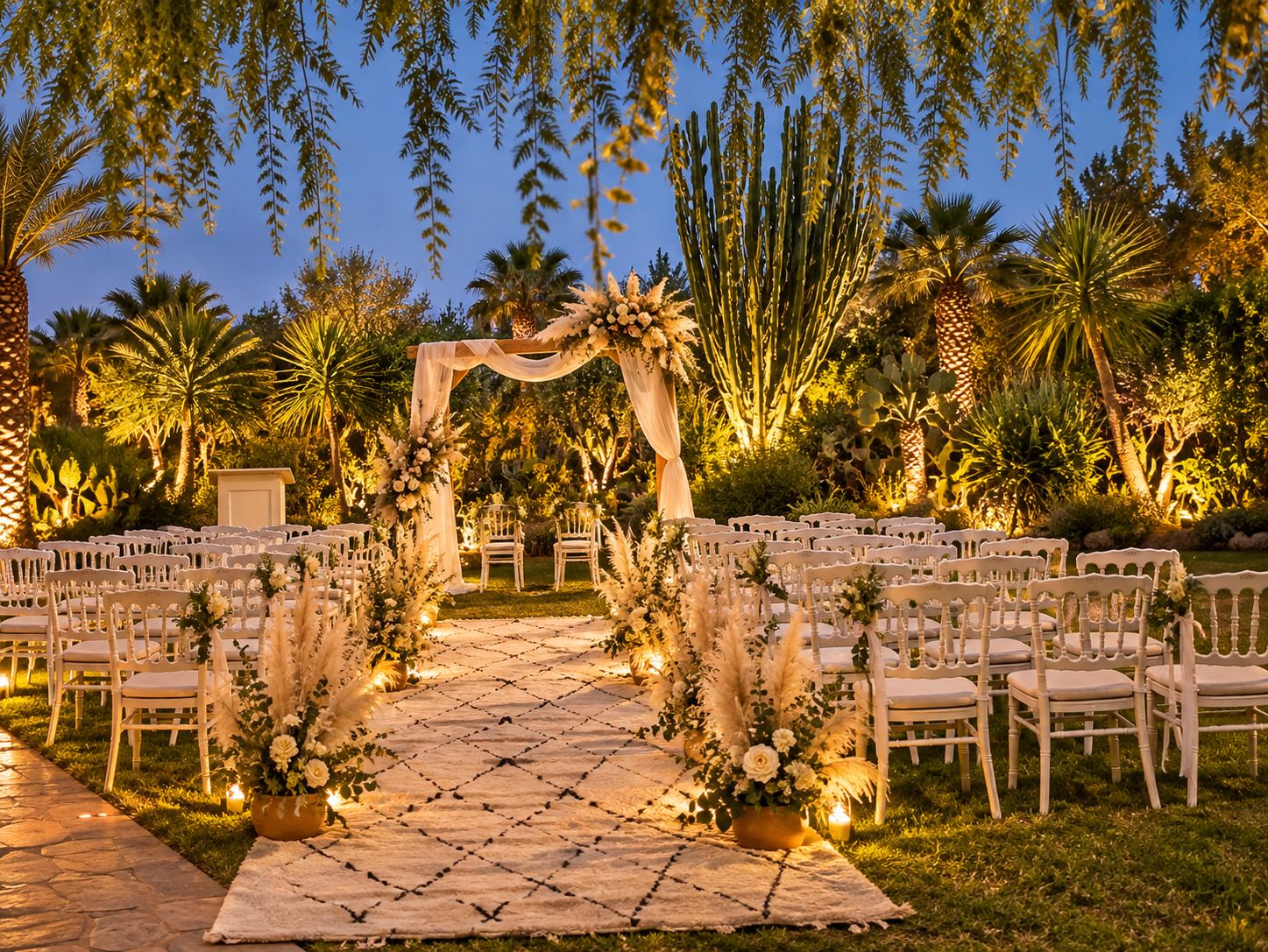 Un salón de bodas al aire libre con un pasillo empedrado, sillas blancas y un arco floral.