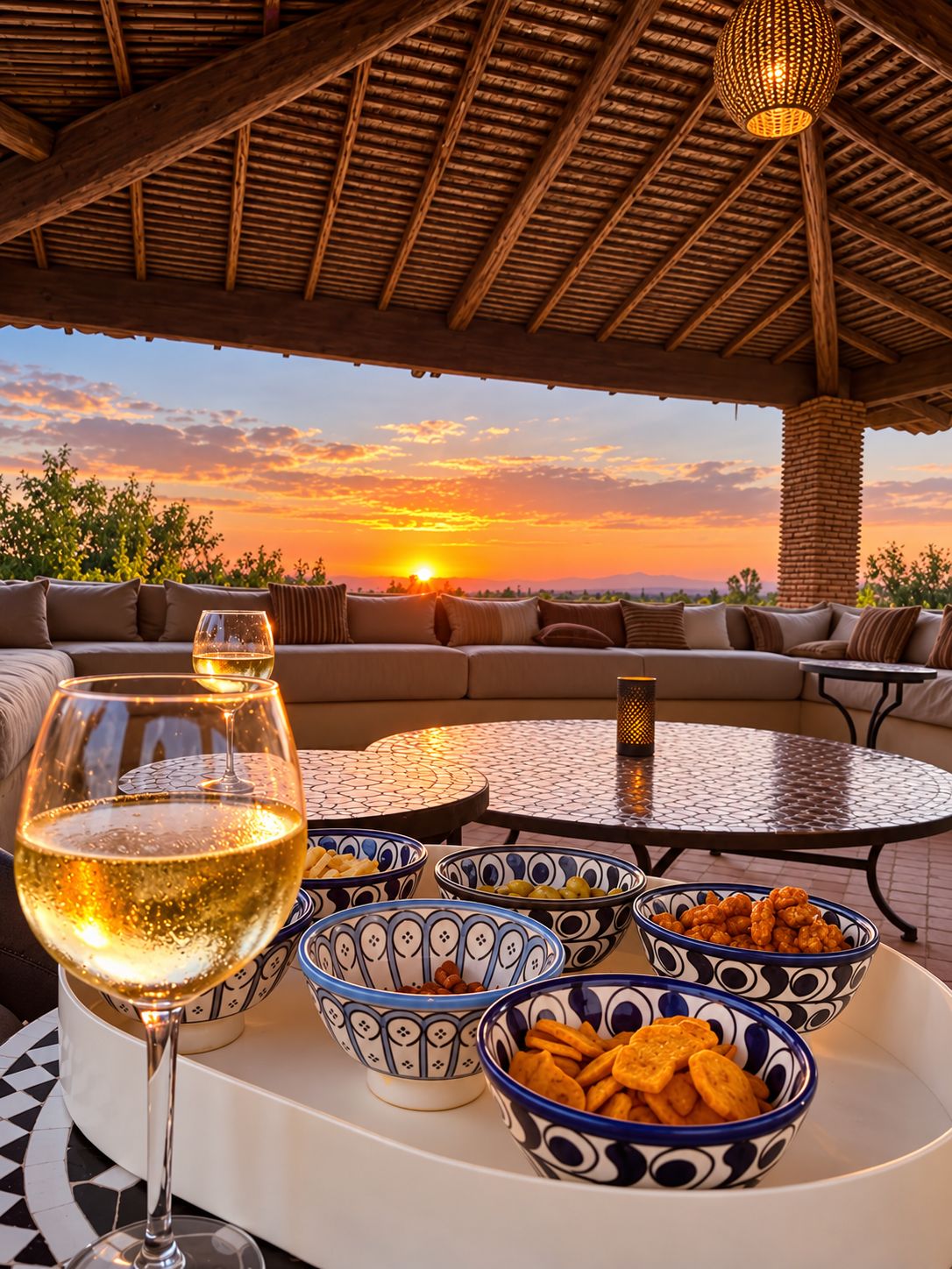 Un espacio al aire libre con vista al atardecer, una copa de vino blanco y aperitivos en cuencos.