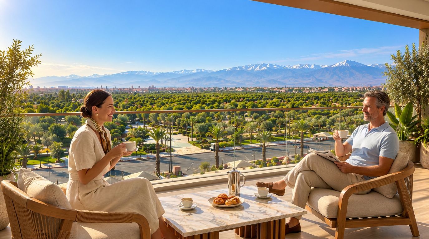 Deux personnes sont assises sur des chaises en osier, à une table d’où l’on peut admirer un paysage urbain et des montagnes.