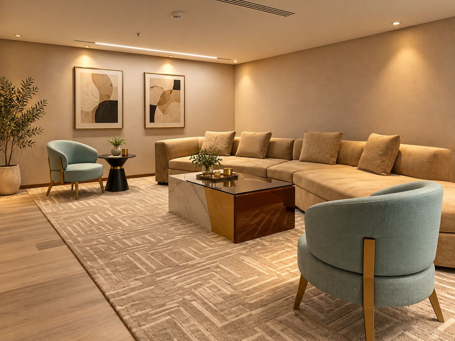 Una sala moderna con un sofá seccional, una mesa de centro, un sillón azul y una planta en maceta.